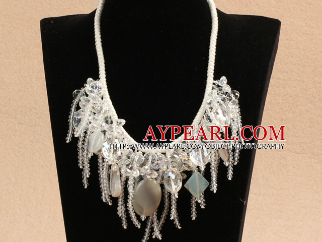 Luxurious Sparkly Clear Crystal Agate Tassel Bib Statement Party Necklace