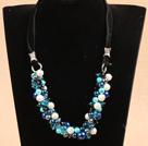 Όμορφη Long Style Φυσικό Παράτυπη Aquamarine και White Pearl ροζ κρύσταλλο κολιέ