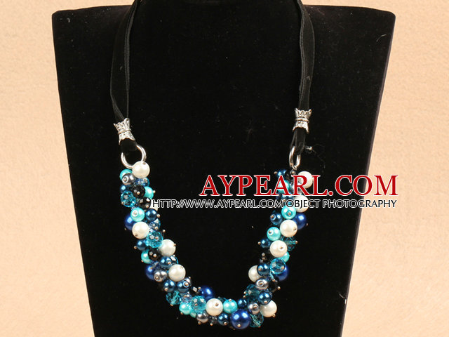 Beautiful Long Style Natural Irregular Aquamarine and White Pearl Pink Crystal Necklace