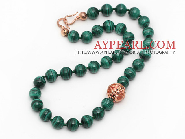 Single Strand A Grade 12mm Round Malachite Beaded Knotted Necklace