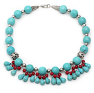 Single Strand Assorted Round and Teardrop Turquoise and Red Coral Necklace