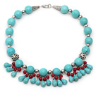 Single Strand Blandade runda och Teardrop Turquoise och röd korall halsband