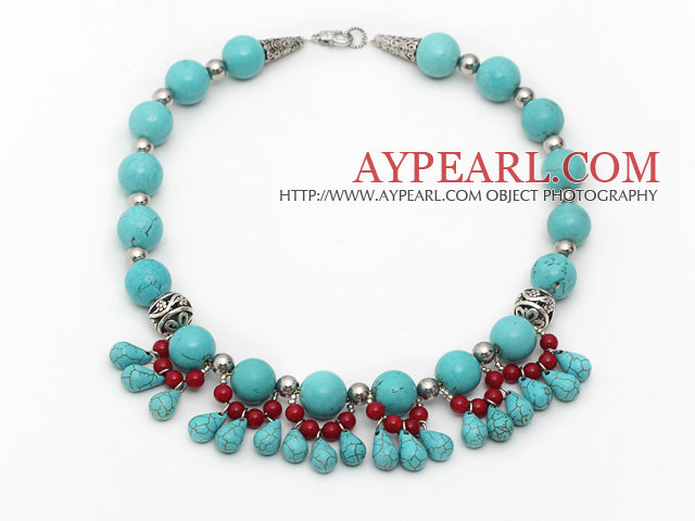 Single Strand Assorted Round and Teardrop Turquoise and Red Coral Necklace