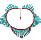Round Green Turquoise and Red Coral Tassel Necklace with Extendable Chain