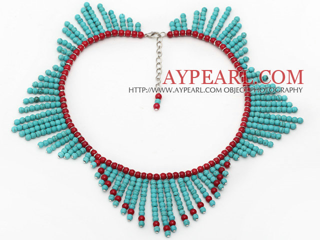 Round Green Turquoise and Red Coral Tassel Necklace with Extendable Chain