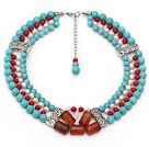 Multi Strands Round Turquoise and Red Coral and White Pearl and Agate Necklace with Extendable Chain