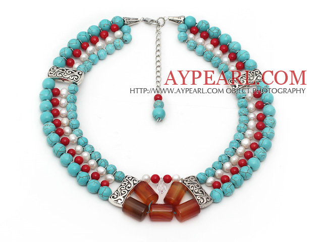 Multi Strands Round Turquoise and Red Coral and White Pearl and Agate Necklace with Extendable Chain