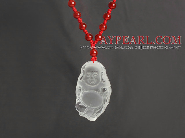 Red Carnelian Halsband med Clear Crystal Laughing Buddha hänge