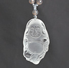 Gray Agate Necklace with Clear Crystal Laughing Buddha Pendant
