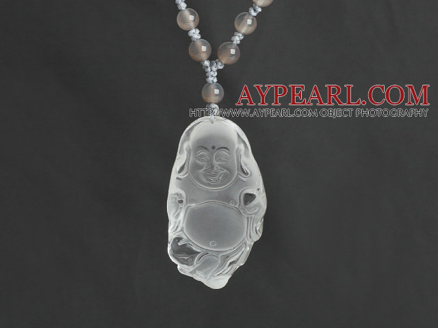 Collier Agate gris avec Crystal Clear Laughing Buddha Pendentif