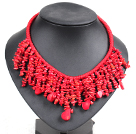 Marvelous Statement Red Coral Chips Hand-Knitted Bib Necklace