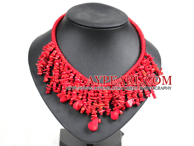 Declaratie de Marvelous Red Coral Chips de mână-tricotate Bib colier