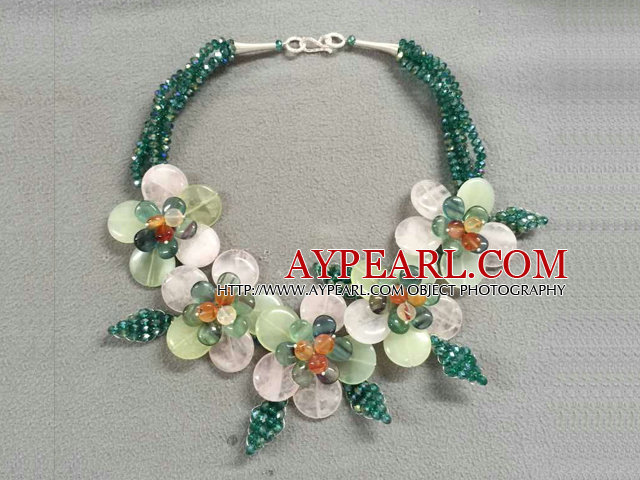 Fabulous Statement Partiet Stil Multi Strand Grønn Crystal Rose Quartz fluoritt Flower halskjede