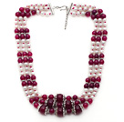 Multi Strands White Freshwater Pearl and Purple Red Agate Necklace with Extendable Chain