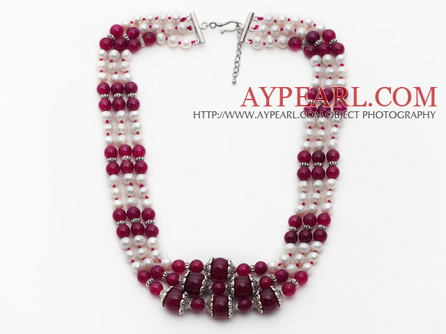 Multi Strands White Freshwater Pearl and Purple Red Agate Necklace with Extendable Chain