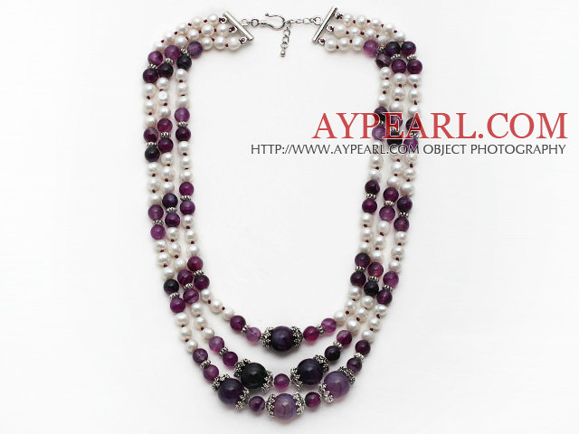 Multi Strands White Freshwater Pearl and Purple Agate Necklace with Extendable Chain