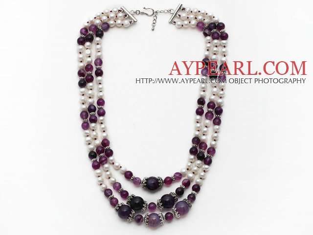 Suvite multi de apă dulce Pearl White și colier Agate Purple cu lanț extensibil