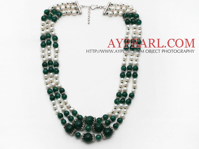 Multi brins blanc perle d'eau douce et collier d'agate verte avec chaîne extensible