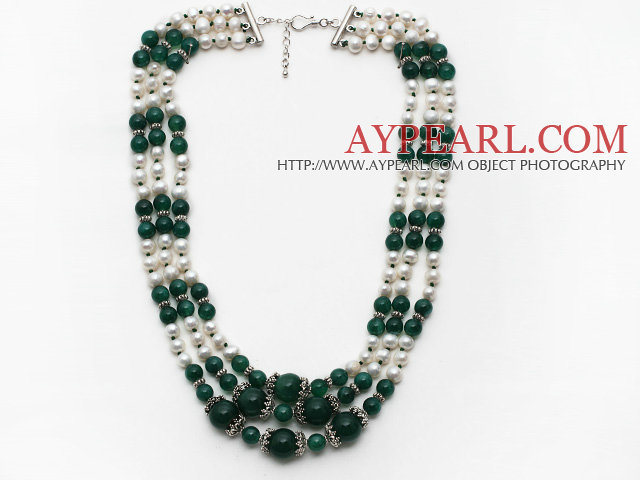 Suvite multi de apă dulce Pearl White și colier Agate verde cu lanț extensibil