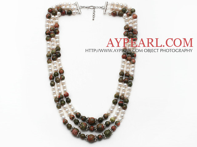 Multi Strands White Freshwater Pearl and Green Piebald Stone Necklace with Extendable Chain