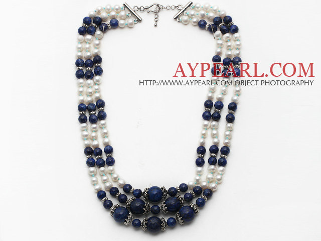 Multi Strands White Freshwater Pearl and Lapis Stone Necklace with Extendable Chain