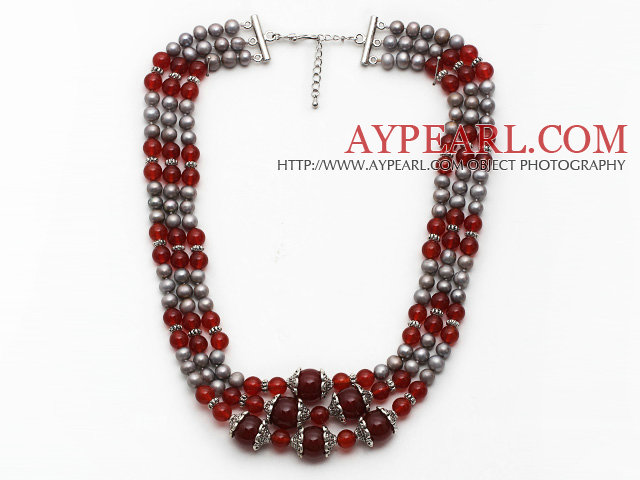 Multi Strands Gray Freshwater Pearl and A Grade Carnelian Necklace with Extendable Chain