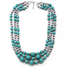 Multi Strands Gray Freshwater Pearl and Turquoise Necklace with Extendable Chain