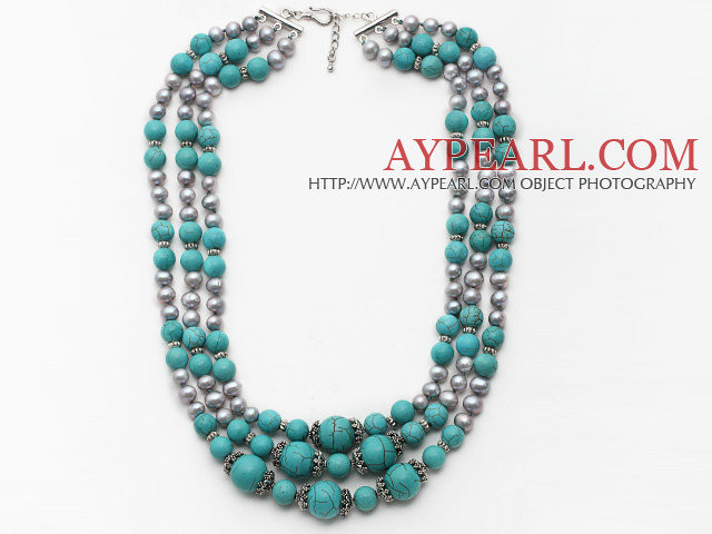 Multi brins gris perle d'eau douce et collier turquoise avec la chaîne extensible