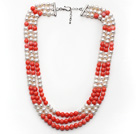 Multi Strands White Freshwater Pearl and Pink Coral Necklace with Extendable Chain