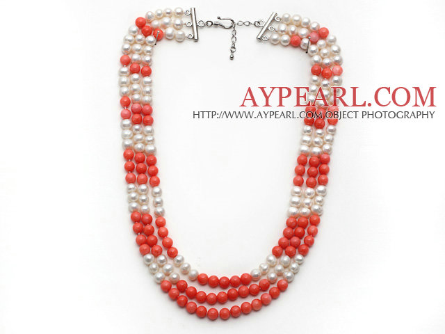 Multi Strands White Freshwater Pearl and Pink Coral Necklace with Extendable Chain