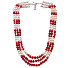 Multi Strands White Freshwater Pearl and Red Coral Necklace with Extendable Chain