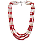 Multi Strands Hvit Freshwater Pearl og Red Coral halskjede med uttrekkbare kjeden