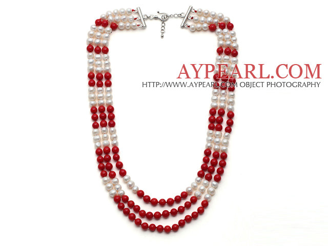 Multi Strands White Freshwater Pearl and Red Coral Necklace with Extendable Chain