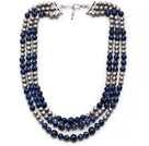Multi Strands Gray Freshwater Pearl and Lapis Necklace with Extendable Chain