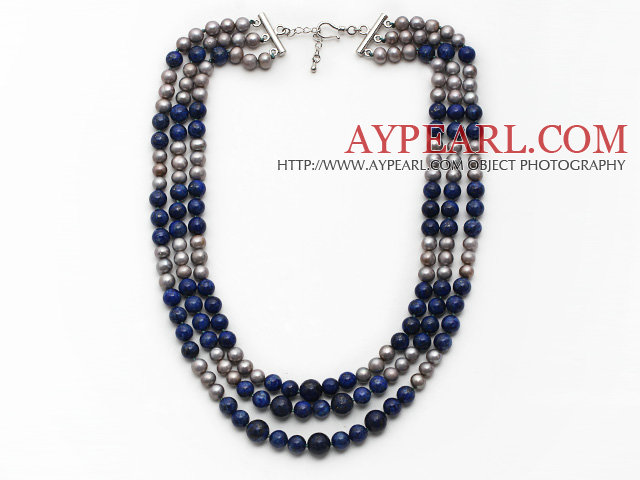 Multi Strands Gray Freshwater Pearl og Lapis halskjede med uttrekkbare kjeden