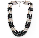 Multi Strands White Freshwater Pearl and Black Agate Necklace with Extendable Chain