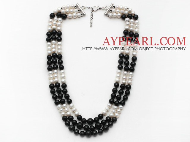 Multi Strands White Freshwater Pearl and Black Agate Necklace with Extendable Chain