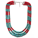 Multi Strands Red Coral and Turquoise Necklace with Extendable Chain