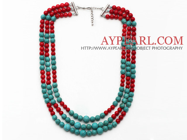 Multi Strands Red Coral and Turquoise Necklace with Extendable Chain