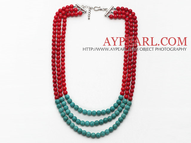 Multi Strands Round Red Coral and Turquoise Necklace with Extendable Chain