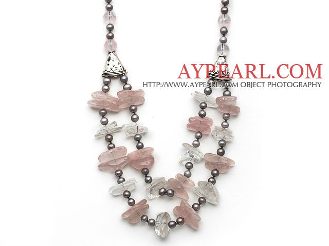 Gray Freshwater Pearl and Double Layer Irregular Shape Clear Crystal and Rose Quarz Necklace