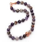 12mm Faceted Round Flower Amethyst Beaded Knotted Necklace with Golden Rose Color Metal Ball