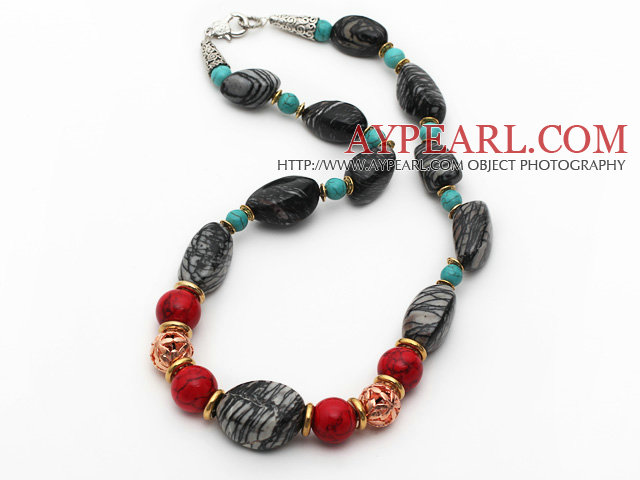 Assorted Turquoise and Alaqueca and Network Stripe Stone Necklace