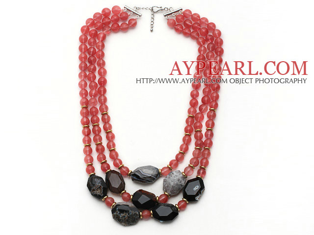 Multi Strands Pink Series Round Cherry Quartz og uregelmessig form Crystallized Agate halskjede med uttrekkbare kjeden