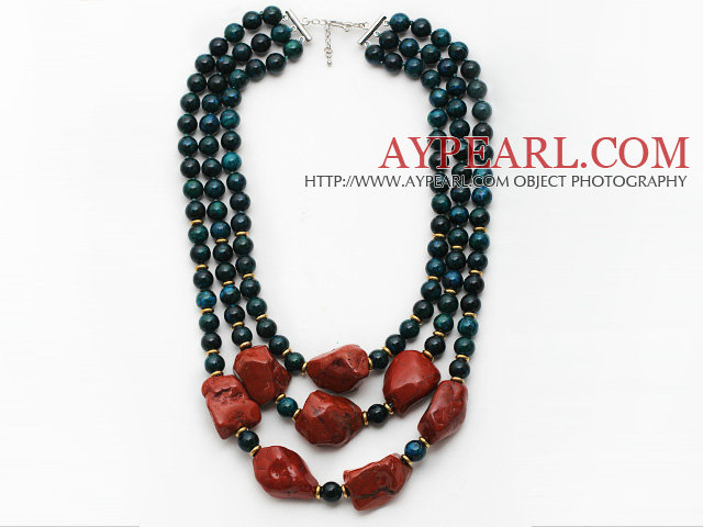 Multi Strands Black Green Series Phoenix Stone and Irregular Shape Red Jasper Necklace with Extendable Chain