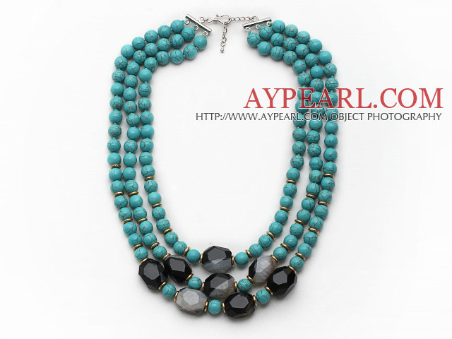 Multi Strands Round Turquoise and Irregular Shape Black and White Agate Necklace with Extendable Chain