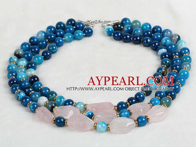 Multi Strands Dark Blue Series Blue Agate and Irregular Shape Rose Quartz Necklace with Extendable Chain