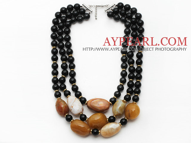 Multi Strands Black Series Black Agate and Irregular Shape Yellow Color Agate Necklace with Extendable Chain