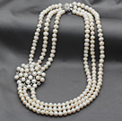 Fashion Style Multi Strands 7-8mm White Freshwater Pearl Bridal Necklace with Pearl Rhinestone Flower