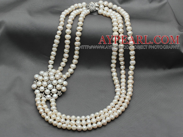 Fashion Style Multi Strands 7-8mm White Freshwater Pearl Bridal Necklace with Pearl Rhinestone Flower